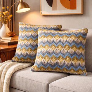 Set of 2 Retro Geometric Needlepoint Mid-Century Modern Decor Throw Pillows